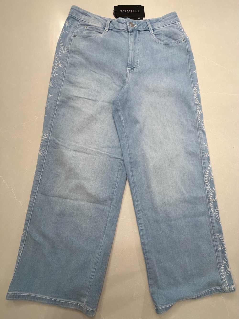 bagatelle Light Blue Wide Leg Jeans with side floral Embroidery, 31